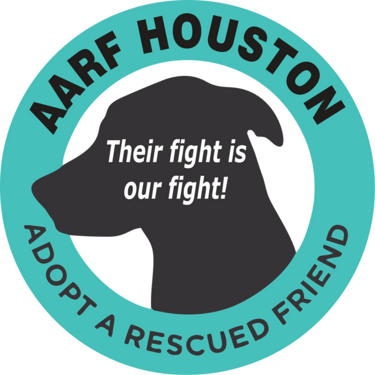 A black dog with the words " aarf houston adopt a rescued friend ".